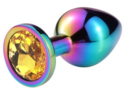 Разноцветная гладкая анальная пробка с оранжевым кристаллом - 9,5 см.