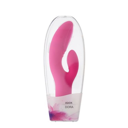 Розовый силиконовый вибромассажёр с клиторальным отростком DORA - 18 см.