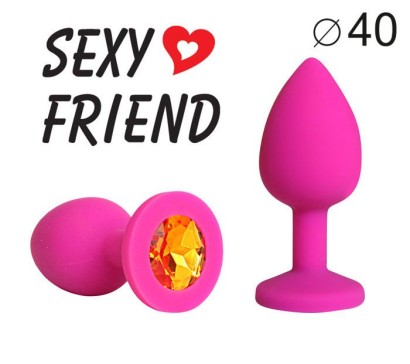 Ярко-розовая анальная пробка с оранжевым кристаллом - 9,5 см.