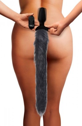 Черная анальная вибропробка с серым лисьим хвостом Grey Fox Tail Vibrating Anal Plug