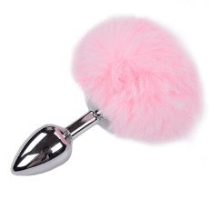 Серебристая анальная втулка с розовым хвостиком Alive Metal Anal Fluffly Plug S