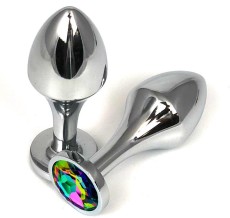 Серебристая анальная пробка на удлиненной ножке с радужным кристаллом - 9,5 см.