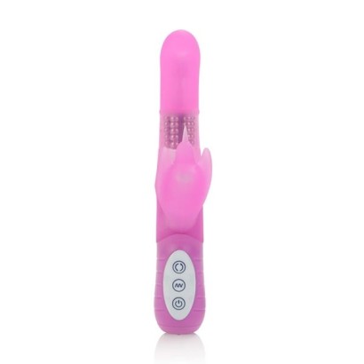 Розовый вибромассажёр с клиторальным стимулятором и вращающимися шариками Petite Flutter - 21 см.