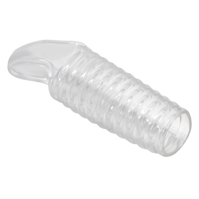 Прозрачная насадка на пенис с ребрышками и подхватом мошонки