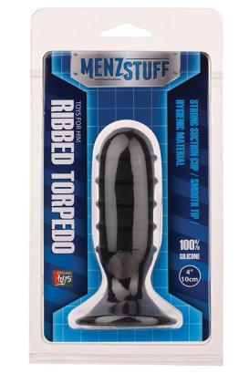 Чёрная силиконовая ребристая пробка MENZSTUFF RIBBED TORPEDO PLUG - 10 см.