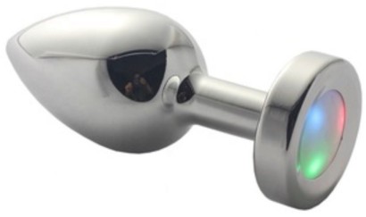 Серебристая гладкая анальная пробка со светодиодным кристаллом - 7,3 см.