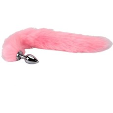 Серебристая анальная пробка размера S с длинным нежно-розовым хвостом