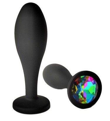 Черная анальная пробка с радужным кристаллом - 9,5 см.