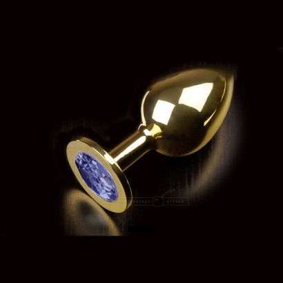 Большая золотая анальная пробка с закругленным кончиком и синим кристаллом - 9 см.