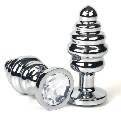 Серебристая ребристая анальная пробка с прозрачным кристаллом - 7 см.