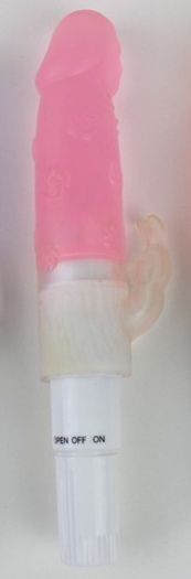 Розовый мини-вибратор с клиторальным отростком - 17 см.