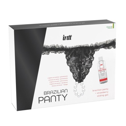 Набор Brazilian Panty: черные трусики со стимулирующими бусинами и массажный гель Sliding Gel Strawberry