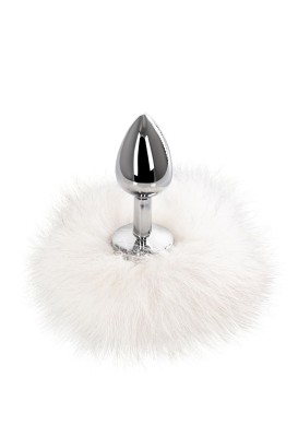 Серебристая анальная втулка с белым заячьим хвостом