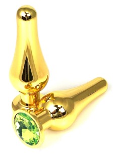Золотистая удлиненная анальная пробка с салатовым кристаллом - 8 см.