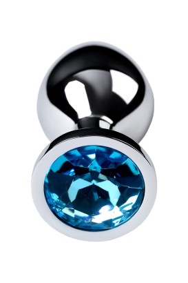 Серебристая конусовидная анальная пробка с голубым кристаллом - 8 см. 