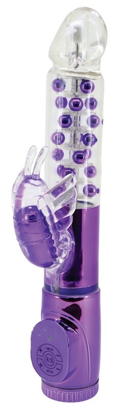 Фиолетовый вибратор с клиторальным стимулятором в виде бабочки - 17 см.