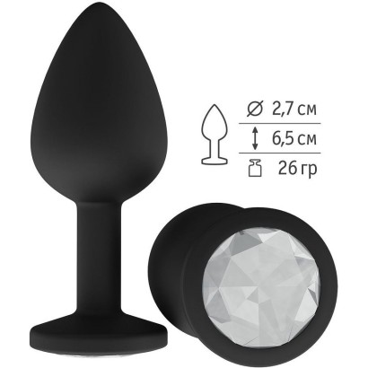 Чёрная анальная втулка с прозрачным кристаллом - 7,3 см. 