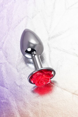 Серебристая анальная втулка с красной розочкой - 8 см.