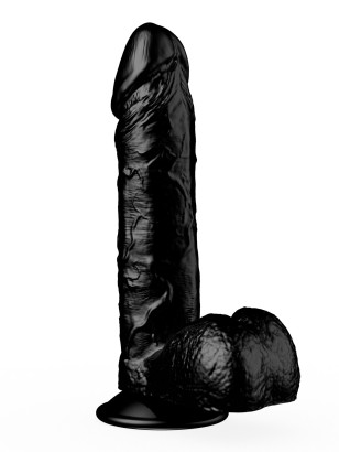 Чёрный фаллоимитатор с мошонкой на присоске - 16 см.