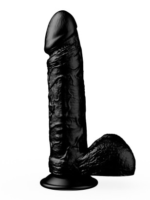 Чёрный фаллоимитатор с мошонкой на присоске - 16 см.