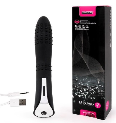 Черный вибромассажер с пупырышками с 7 режимами пульсации - 20 см. 