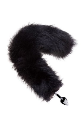 Серебристая анальная втулка с черным лисьим хвостом