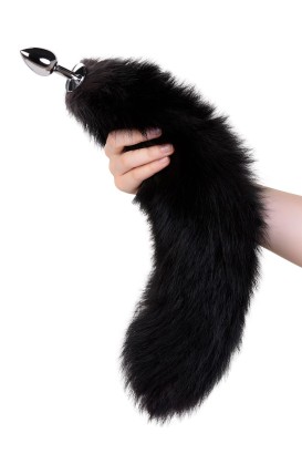 Серебристая анальная втулка с черным лисьим хвостом