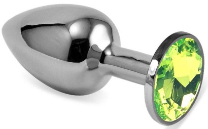 Серебристая гладкая анальная пробка с салатовым кристаллом - 5,5 см.
