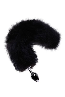 Большая серебристая металлическая анальная втулка с черным лисьим хвостом