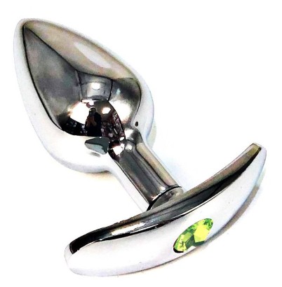 Серебристая анальная пробка для ношения с салатовым кристаллом - 6 см.