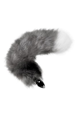 Серебристая металлическая анальная втулка с серым лисьим хвостом