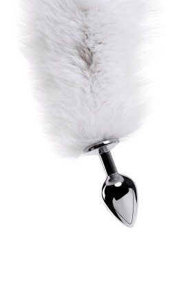 Большая серебристая металлическая анальная втулка с серым лисьим хвостом