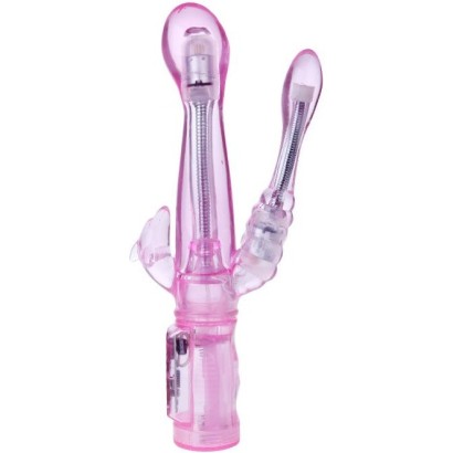 Розовый вибратор с анальным и клиторальным отростками Intimate Tease - 22 см.
