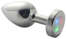 Серебристая гладкая анальная пробка со светодиодным кристаллом - 9,5 см.