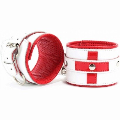 Бело-красные кожаные наручники для медсестры