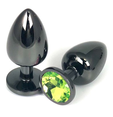 Черная металлическая анальная пробка с салатовым стразом - 9 см.