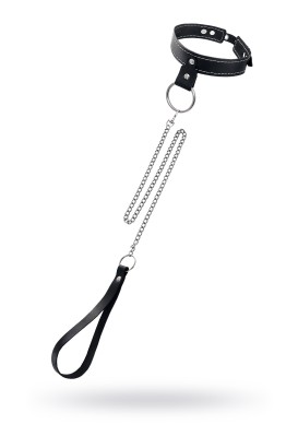 Черный узкий однослойный ошейник с серебристым поводком-цепочкой