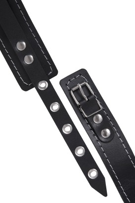 Черный узкий однослойный ошейник с серебристым поводком-цепочкой