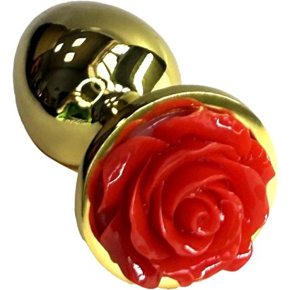 Золотистая анальная пробка с ограничителем в форме красной розы - 8 см.