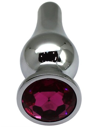 Серебристая анальная пробка с малиновым кристаллом - 13 см.