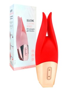 Красный мини-вибратор с раздвоенным кончиком - 12,3 см.