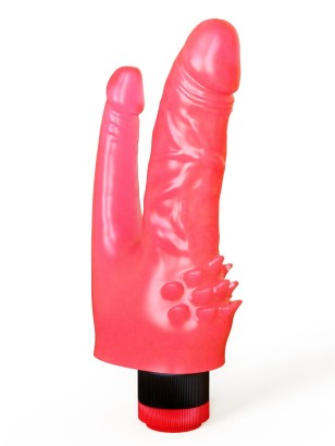 Двойной розовый вибромассажёр с шипами у основания - 17 см.