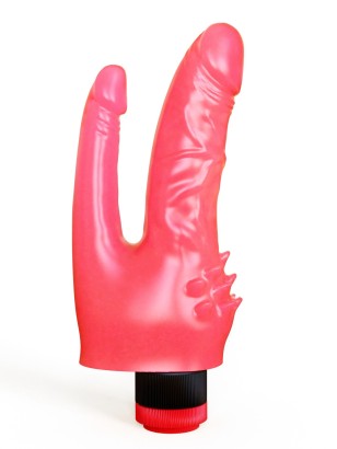 Двойной розовый вибромассажёр с шипами у основания - 17 см.