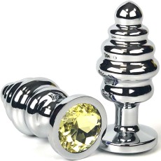 Серебристая ребристая анальная пробка с желтым кристаллом - 8 см.
