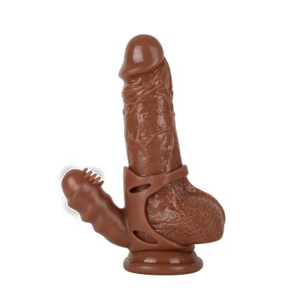 Коричневый полый поясной фаллоимитатор с вибронасадкой Jiang - 18 см.