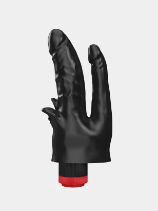 Чёрный вибромассажёр с двумя стволами и лепестками - 17 см.