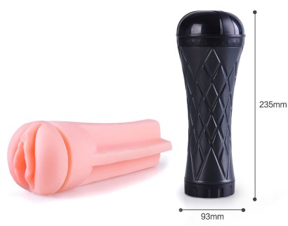 Телесный мастурбатор-вагина в черной колбе с вибрацией