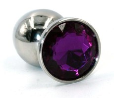 Серебристая средняя анальная пробка с фиолетовым кристаллом - 8 см.