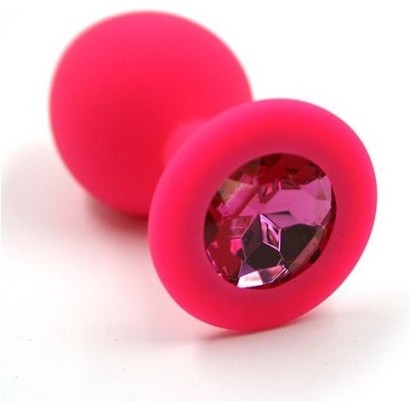 Розовая силиконовая анальная пробка с тёмно-розовым кристаллом - 7 см.