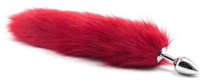 Серебристая анальная пробка с длинным красным хвостиком